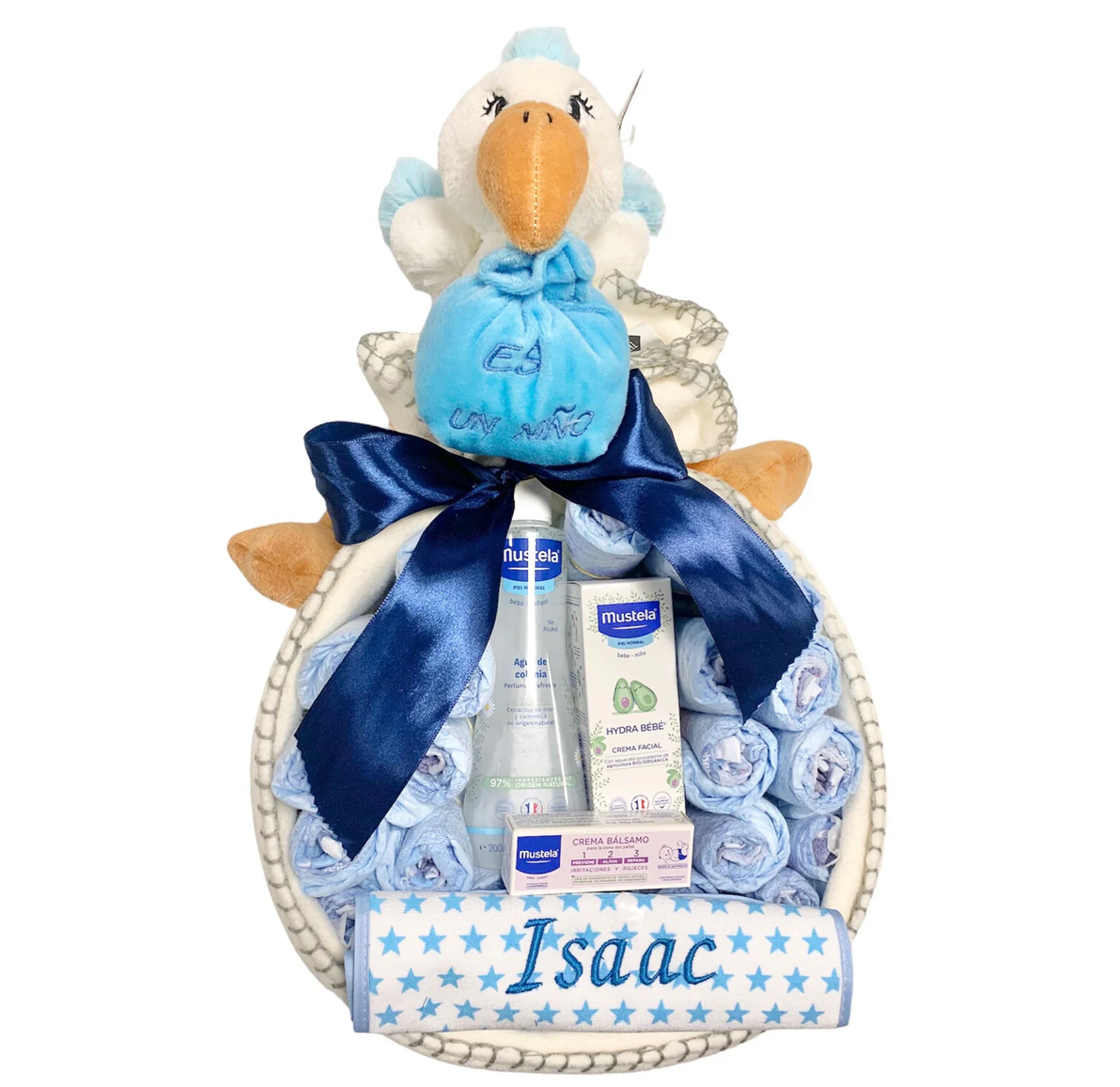 Canastilla bebé recién nacido clásica con productos de farmacia. Mustela, Suavinex, Nuk, Kiokids...
