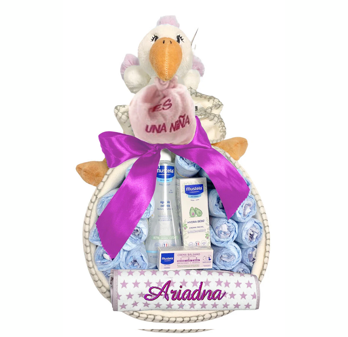 Canastilla bebé recién nacido clásica con productos de farmacia. Mustela, Suavinex, Nuk, Kiokids...