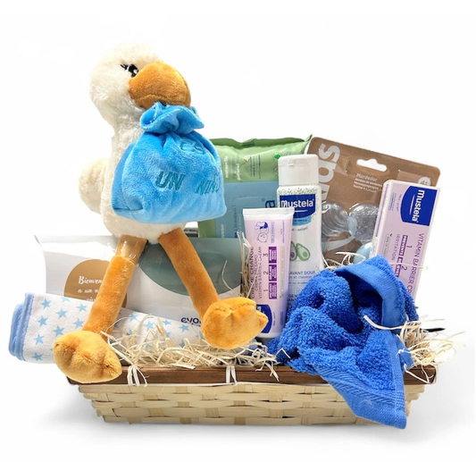Canastilla bebé recién nacido clásica con productos de farmacia. Mustela, Suavinex, Nuk, Kiokids...