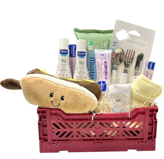 Canastilla regalo nacimiento Ñam Ñam perrito caliente