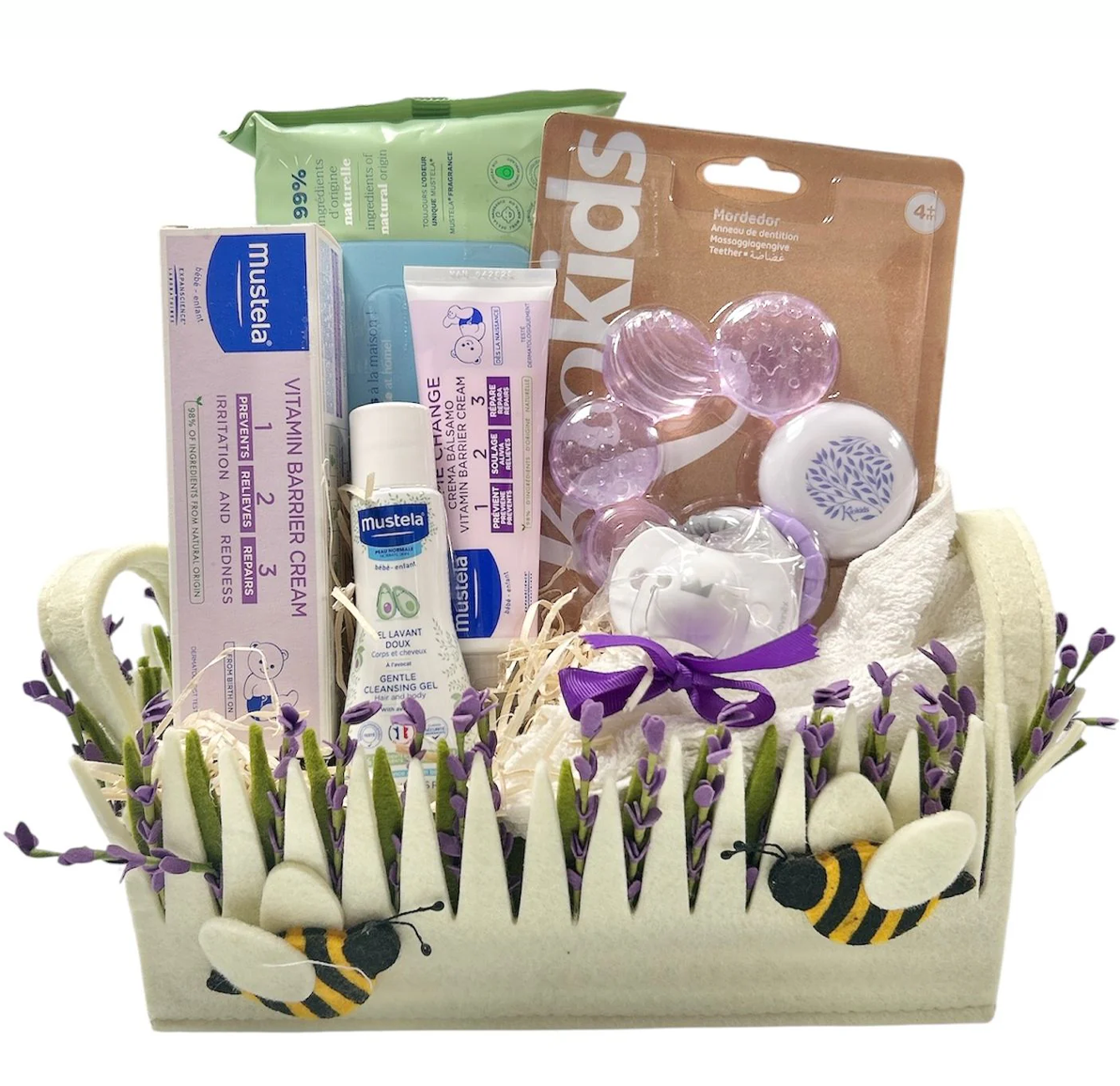 Canastilla bebé recién nacido clásica con productos de farmacia. Mustela, Suavinex, Nuk, Kiokids...