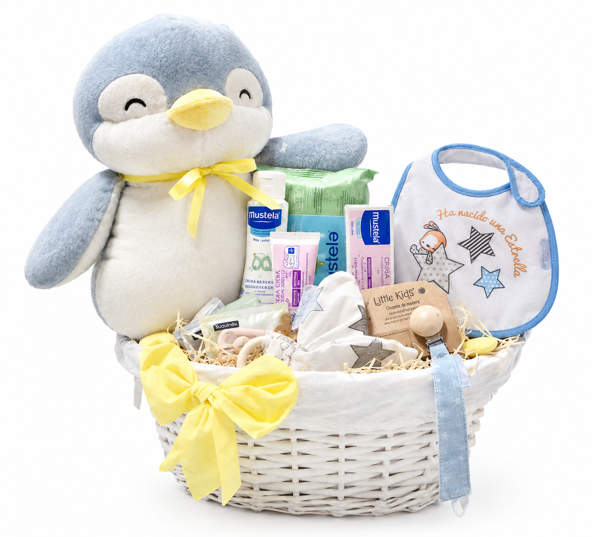 Cesta regalo nacimiento bebé Pingüino Musty