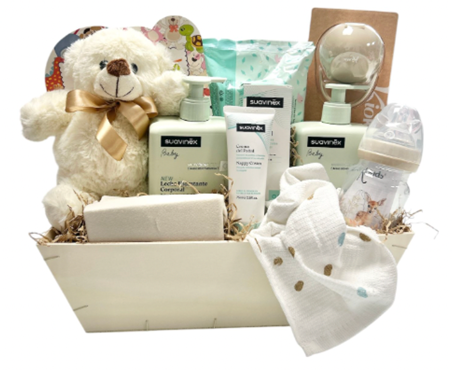 Canastilla bebé recién nacido clásica con productos de farmacia. Mustela, Suavinex, Nuk, Kiokids...