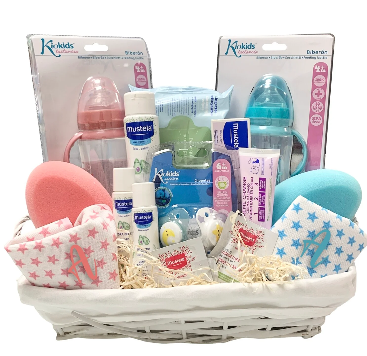 Canastilla bebé recién nacido clásica con productos de farmacia. Mustela, Suavinex, Nuk, Kiokids...