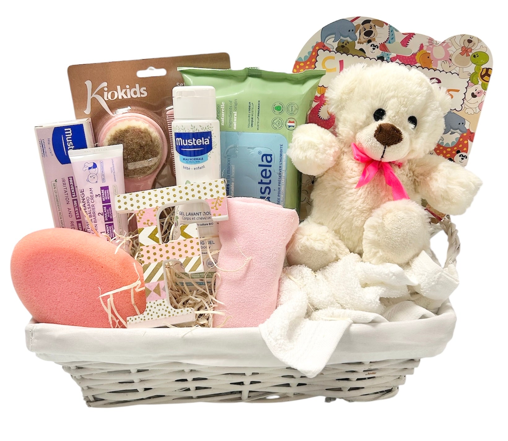 Canastilla bebé recién nacido clásica con productos de farmacia. Mustela, Suavinex, Nuk, Kiokids...