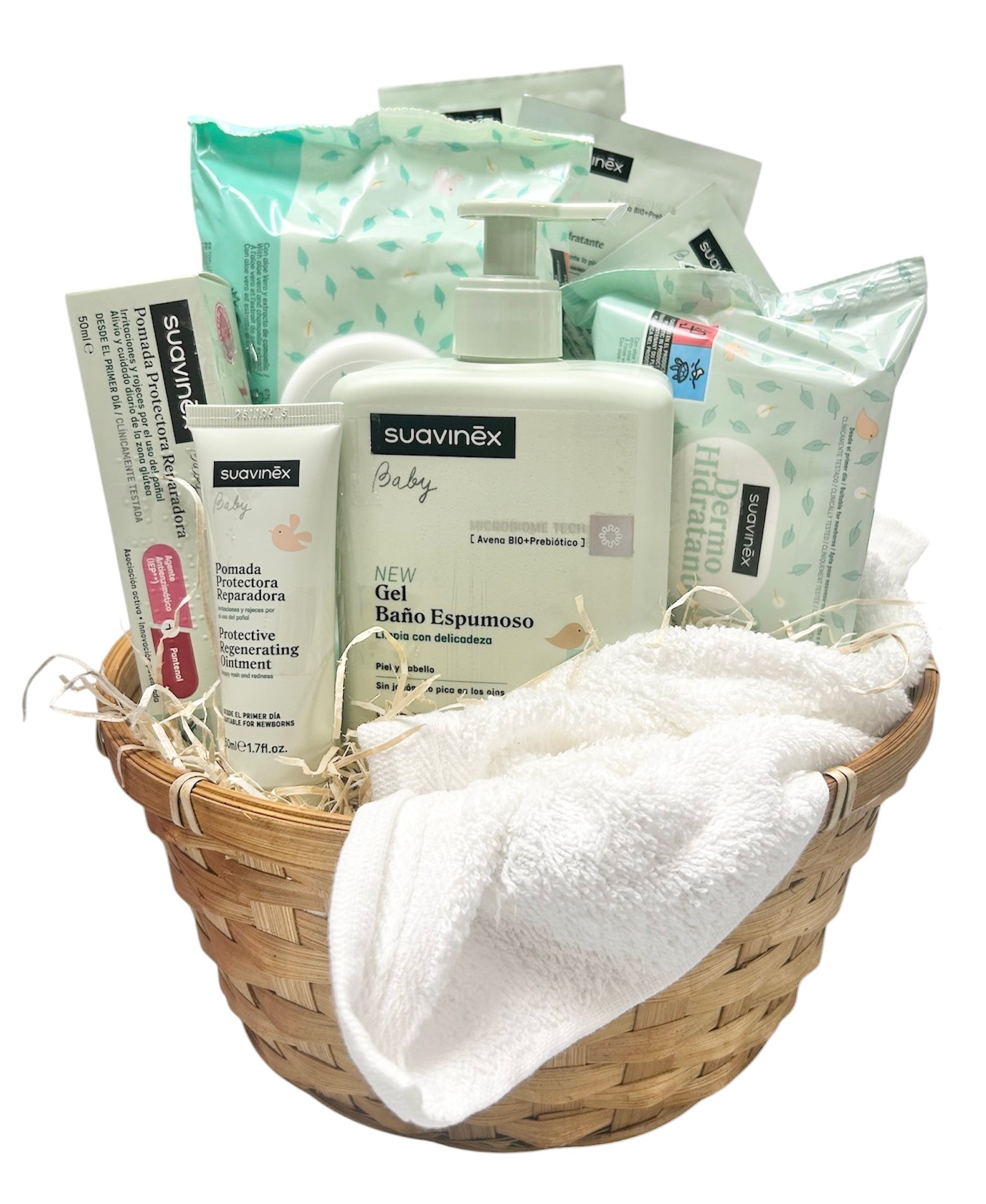 Canastilla bebé recién nacido clásica con productos de farmacia. Mustela, Suavinex, Nuk, Kiokids...
