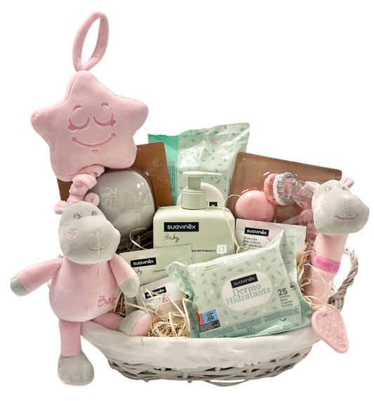 Canastilla nacimiento bebé suavi hipo rosa