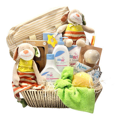 Cesta Regalo Bebé Espumosa | Canastilla Sebamed con Peluche Musical