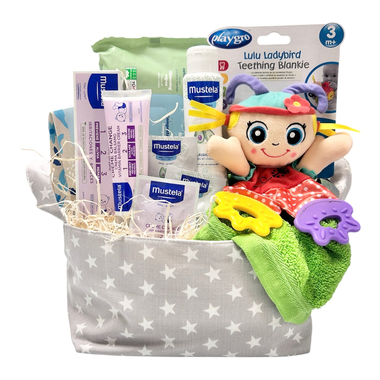 Cesta regalo nacimiento bebé muñeca texturas