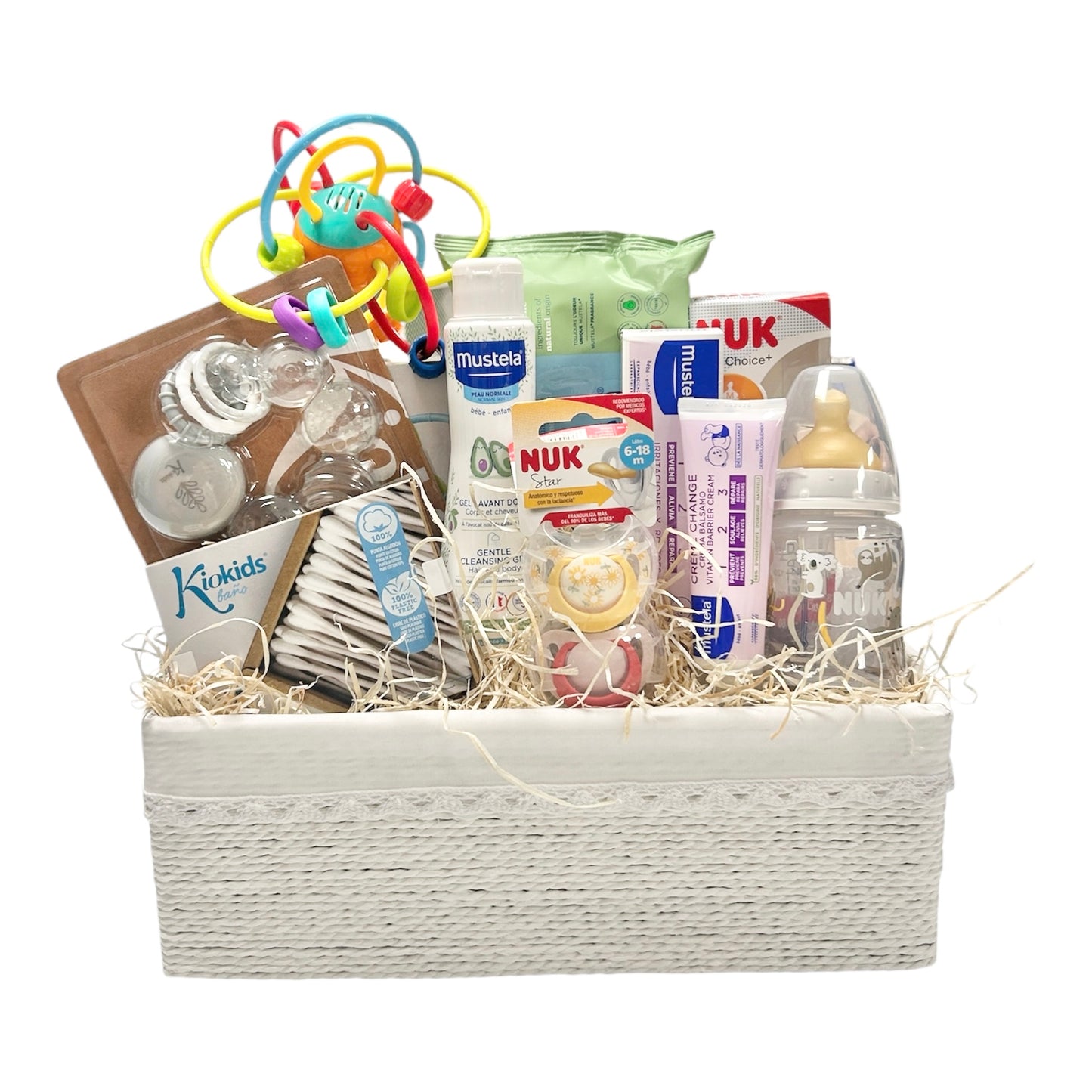 Cesta Regalo Nacimiento Bebé colorida— Mustela, Nuk & Kiokids