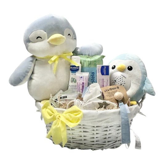 Cesta regalo nacimiento bebé Pingüino Musty