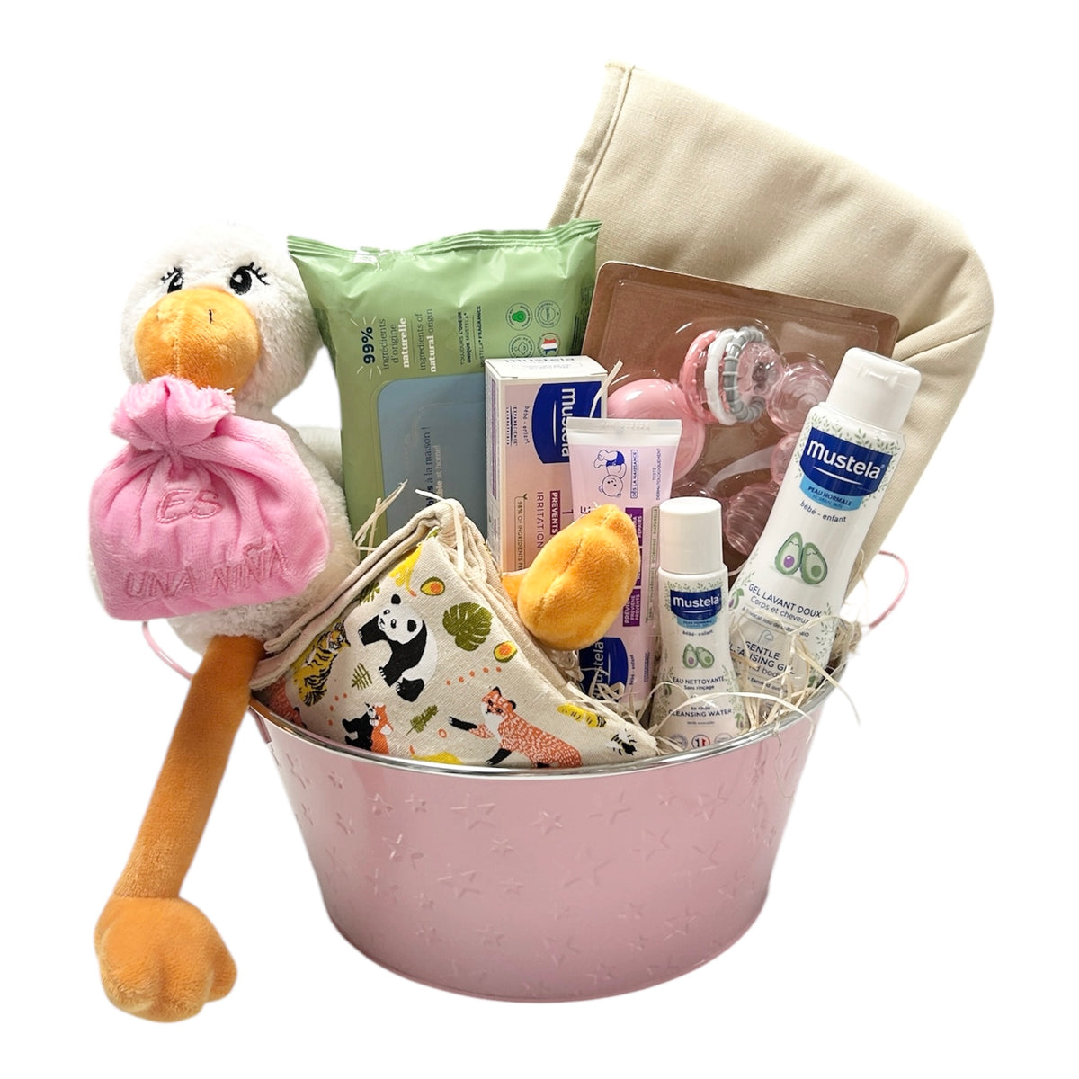 Canastilla nacimiento Mi Cigüeña | Mustela, peluche y sonajero