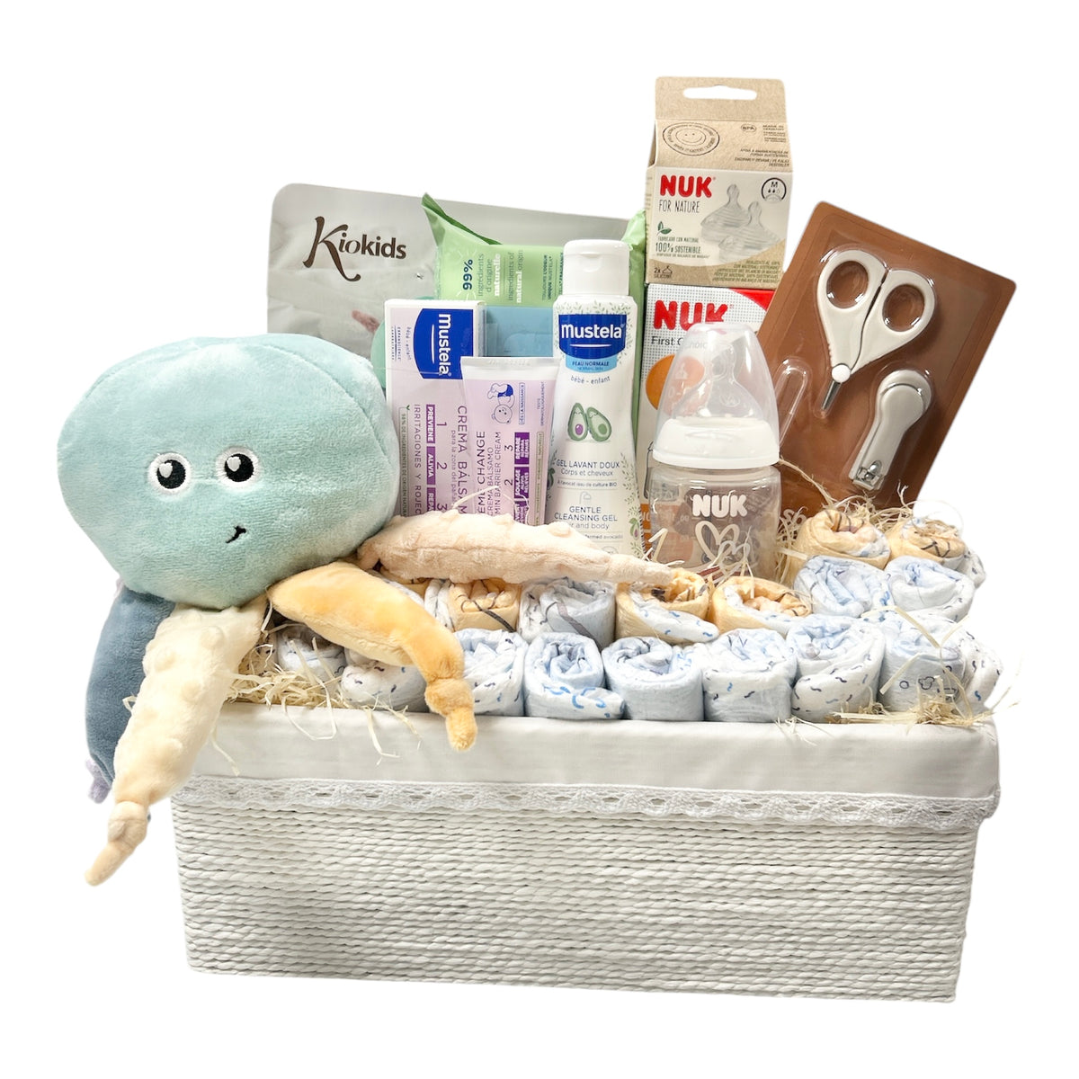Cesta tarta de pañales bebé Pulpito con Mustela y NUK