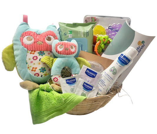 Canastilla búho Evolucriando – Cesta bebé regalo nacimiento | Farmacestas
