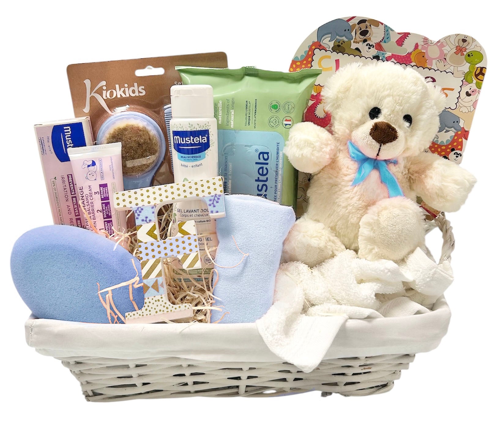 Canastilla nacimiento recién nacido con productos exclusivos de farmacia y de la mejores marcas, mustela, suavinex, sebamed...